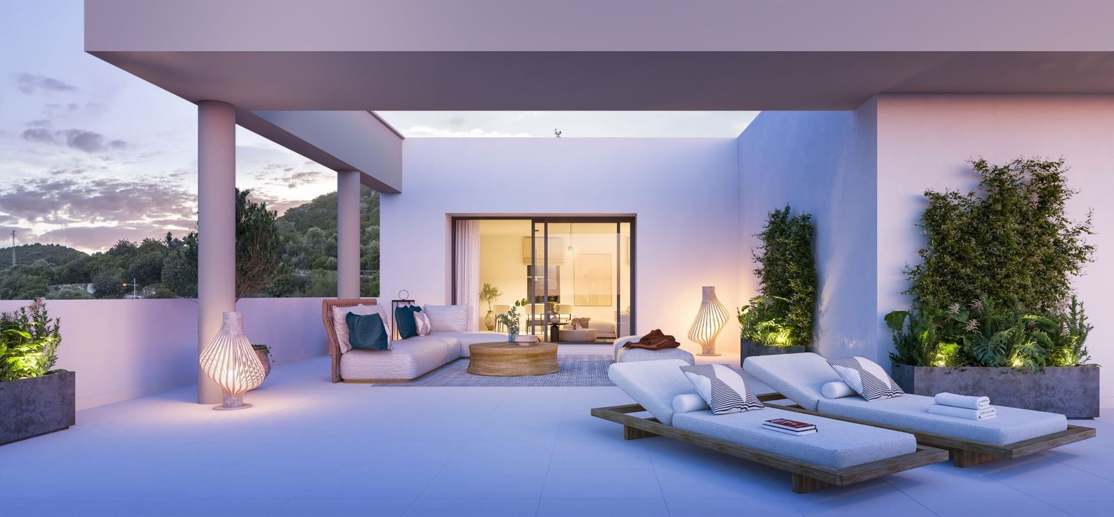 Modern buitenverblijf met ligstoelen en loungebank.