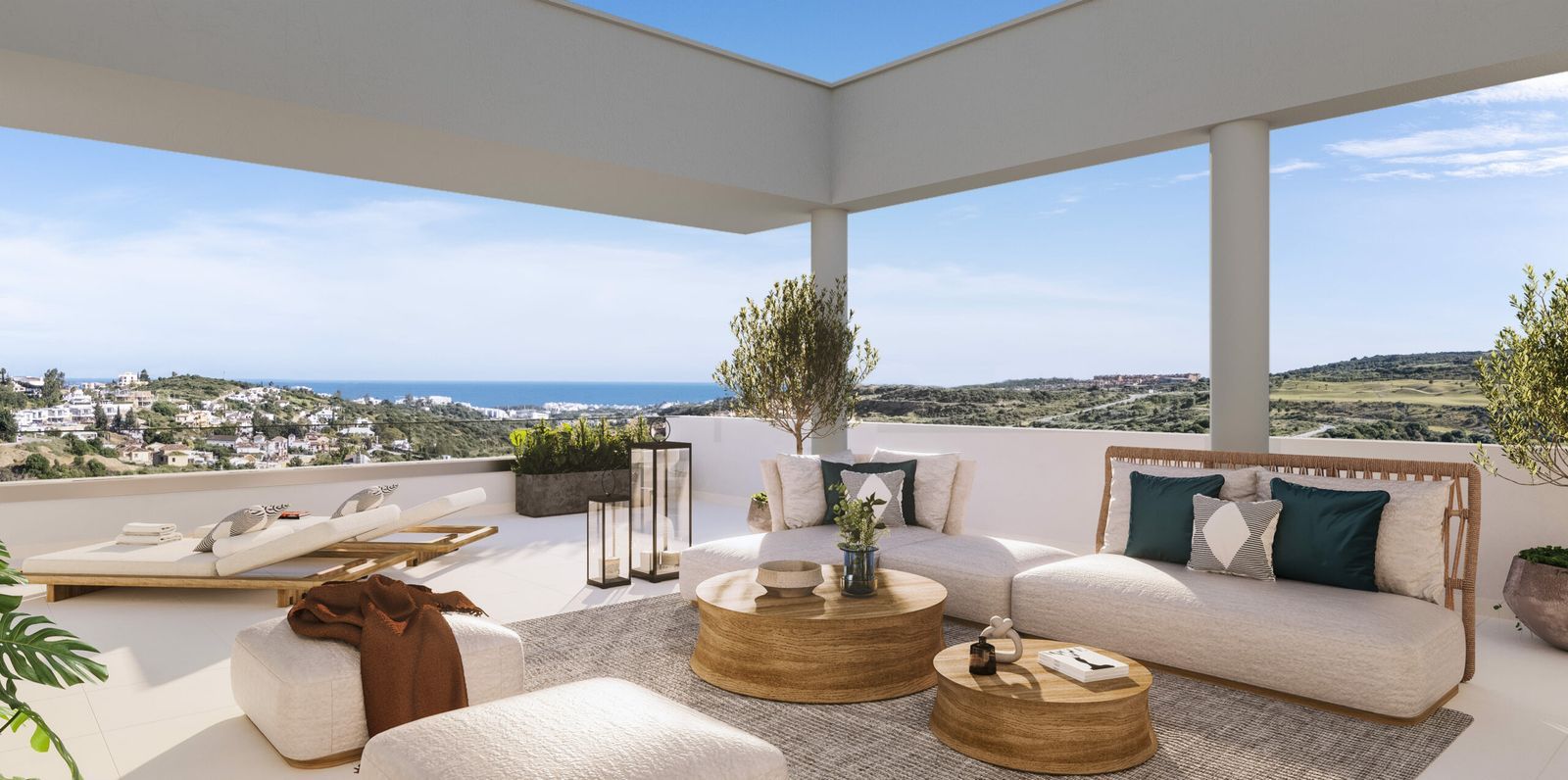 Luxe terras met uitzicht op zee bij Etherna Homes.