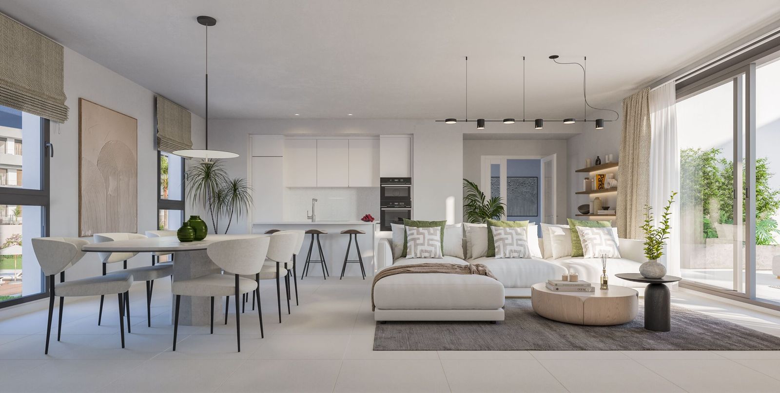 Moderne open woonkamer met keuken en eethoek.